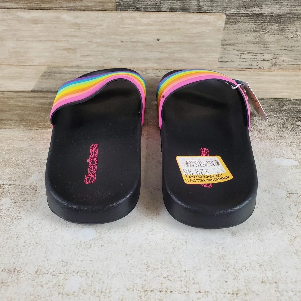 Skechers Girls Rainbow Slides Sandal Sz 5 Black Multi Striped Open Round Toe